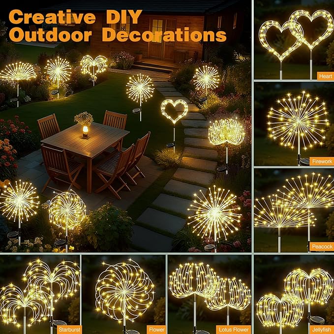 btfarm 2 Pack 120 LED Solar Garden Lights Outdoor, 8 Modes Firework Lights Solar Powered, Waterproof Twinkle Fairy Light Outside for Yard Patio Pathway Pool Christmas Party Decorative, Warm White