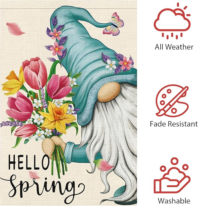 Hello Spring Gnome Garden Flag 12x18 Double Sided Burlap Butterfly Floral Garden Yard Banner for Summer Rustic Seasonal Outside Outdoor House Decoration (ONLY FLAG)