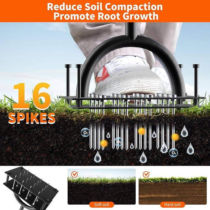 Lawn Aerator Tool (Pre-Assembled), 16 Iron Spikes with Spring-Loaded Auto Cleaning, Ergonomic T-Handle, Manual Grass Aerators for Lawn, Yard, Garden Soil Loosening & Aeration, Gloves Included (Black)