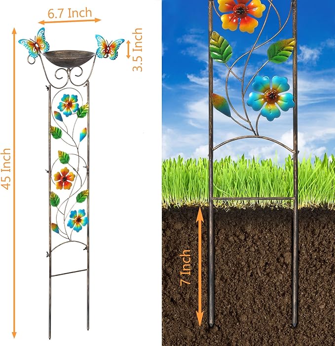 LEWIS&WAYNE Garden Trellis Bird Bath Outdoor, 40 Inch Antique Iron Garden Plant Trellis Decorative with Floral-Butterflies and Detachable Drinking Basin Bowl, Free Standing BirdBath Birdfeeder Station