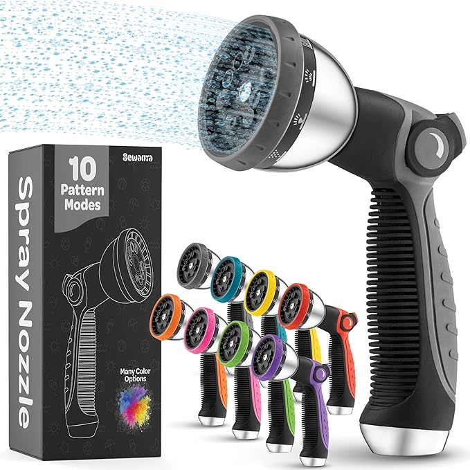 Hose Nozzle [Silver] Heavy Duty Hose Sprayer With 10 Adjustable Watering Patterns. Thumb Control Design, Comfortable Ergonomic Grip, Garden Hose Nozzle for Watering Plants & Lawns/Fun showers/Cleaning