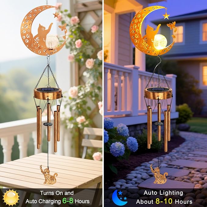 Solar Moon Cat Wind Chimes, Cat Lover Gifts for Mom Women Men Birthday Mothers Day, Hanging Outdoor Decor Cracked Glass Ball Memorial Large Wind Chimes, Decorations for Garden Yard Patio Porch