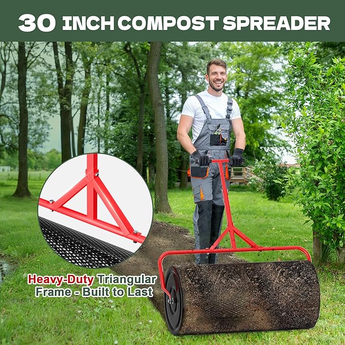 Compost Peat Moss Spreader for Lawn, 30 Inch Compost Roller Spreader with Adjustable T-Shaped Handle, Upgraded Side Clasps, Durable Lightweight Metal Roller, Lawn Garden Yard Care
