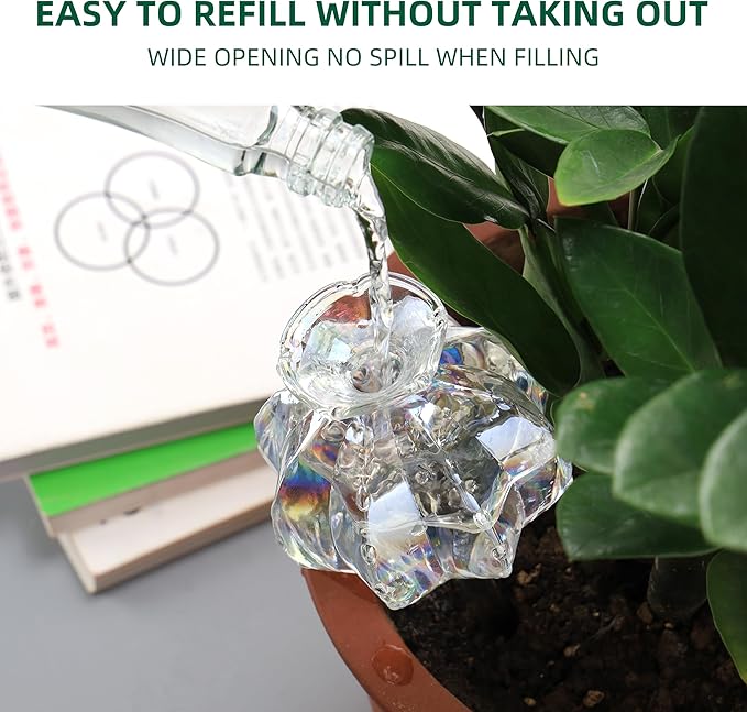 10 oz Large Top Fill Cactus Plant Self Watering Globes, Light Iridescent Glass Water Bulbs, Slow Release Watering Devices System Indoor | Outdoor Everyday Use, Water Spikes Stakes, 2 Pack