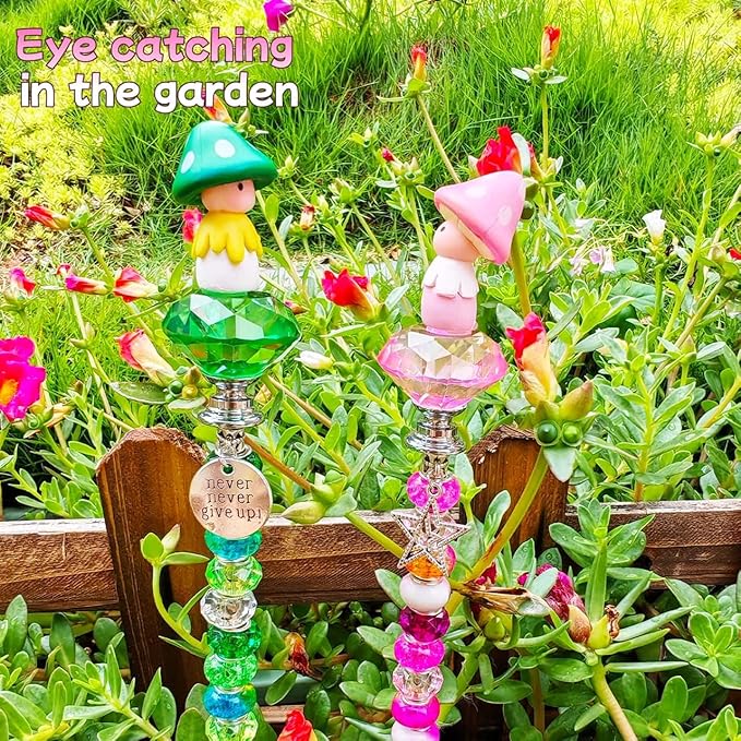 102 Pcs Fairy Garden Accessories Outdoor Kit - DIY Fairy Wand Beaded Garden Stakes Decorative Kit with Miniature Mushrooms Figurine for Different Festivals, Beadable Items(Mushrooms)