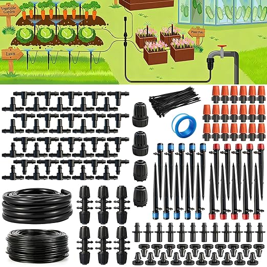 135PCS 240FT Drip Irrigation System Set, Automatic Drip Irrigation Kit for Greenhouse, Yard, Lawn, Plant, with 1/2 inch Hose, 1/4 inch Distribution Tubing and Accessories