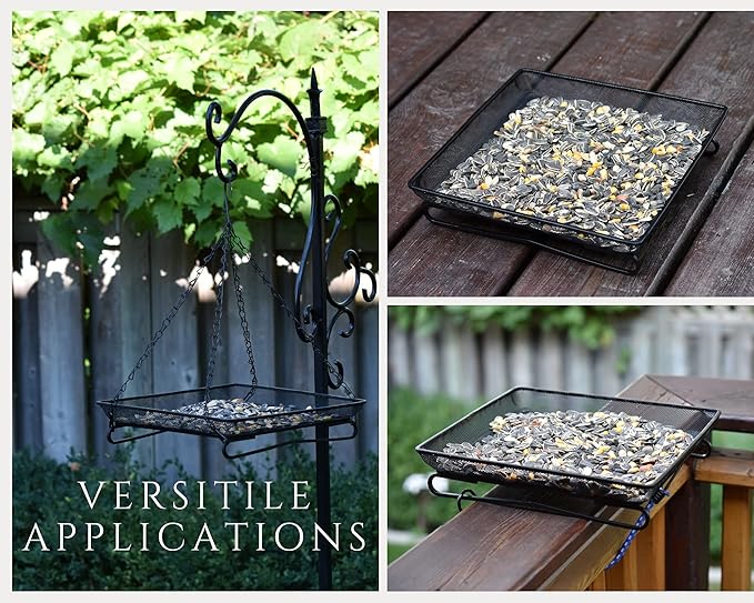 Ground and Hanging Bird Feeder Tray - Can Mount on Patio Handrail - Sturdy Black Metal Mesh Tray - for Wild Bird Seed Feeding - Complete with Re-usable Nylon Ties