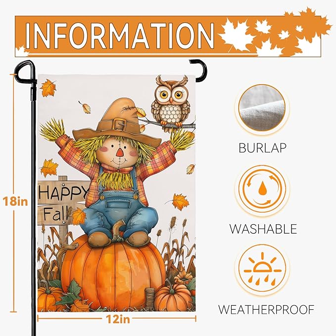Happy Fall Pumpkins Scarecrow Garden Flags Double Sided Burlap Autumn Yellow Pumpkin Owl Yard Flag Seasonal Outside Patio Farmhouse Garden Yard Lawn Outdoor Decorative 12 x 18 Inch