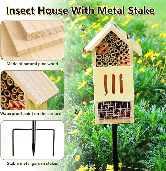 Wooden Insect House, Bee House with Metal Stake for Garden, Natural Ladbugs Habitat & Butterfly Hotel on The Ground or Hanging on Tree Wall (Pine, 4.13"x2.56" x10.63", 32'' H Stake)