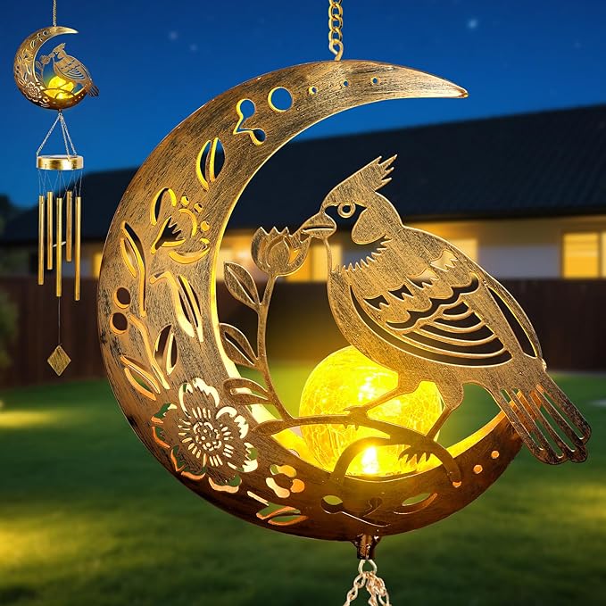 Rosefinch Solar Wind Chime for Outside - Exquisite Vermilion Bird Design, Handmade Aluminum Wind Chimes for Garden/Lawn, Soothing Zen Decor, Gift for Asian-Themed,Housewarming & Meditation Spaces