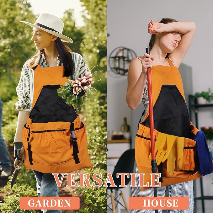Gardening Apron, 8Oz Waterproof Canvas Garden Apron with Quick Release Pockets for Harvesting, Great Gardening Gifts for Women.