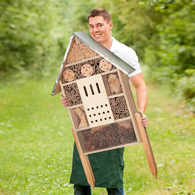 antiai Extra Large Wooden Insect House with Stakes,Wood Mason Bee Butterfly House,Insect Hotel,an Outdoor Bamboo Habitat for Ladybugs Live,Bee Box,Butterfly Habitat for Garden and Yard,30" H x15 W