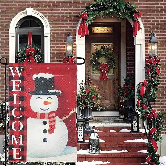 Christmas Garden Flag Decorations,12 * 18in Double Sided Snowman in Buffalo Plaid Scarf with "WELCOME" Sign Decor for Porch Yard Outdoor Holiday Festive Home Welcome