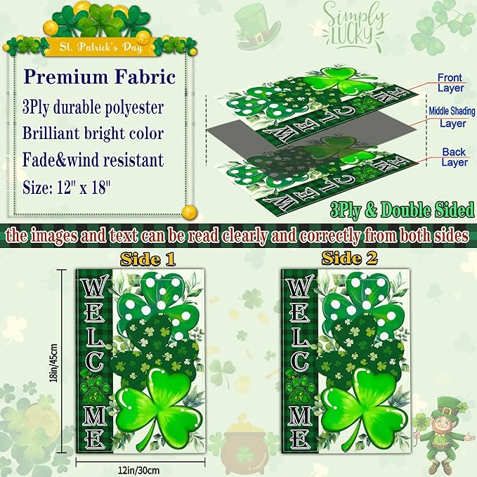 St Patricks Day Garden Flag Shamrock Lucky Irish Blessing Garden Flag Happy St Patrick's Day Yard Decor Garden Flags for Outside 12×18 Inch Double Sided Outdoor House Holiday Decorations