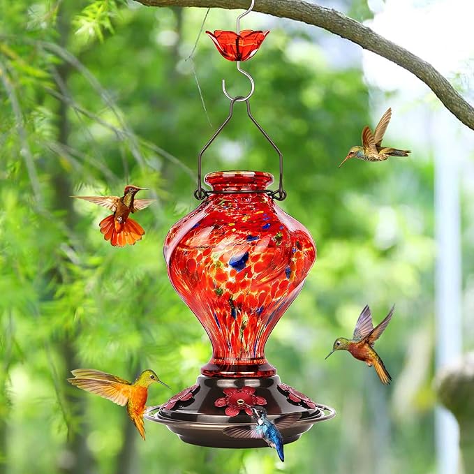 Hummingbird Feeder, BOLITE Glass Hummingbird Feeders for Outdoors Hanging, Hand Blown Twisted with Ant Moat and Five Feeding Ports, 24 Ounces, Leak Proof, Red, Gifts for Women Men, Gifts for Mom Dad