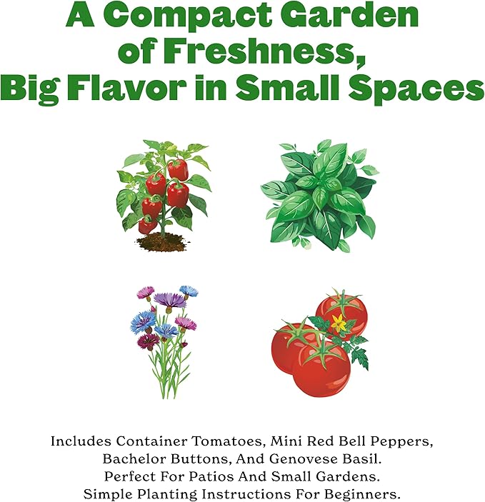 Epic Gardening Mini Garden Seed Kit - 4 Varieties for Small-Space Gardening, Includes Tomatoes, Peppers, Basil & Flowers, Perfect for Urban Gardening in Containers or Indoors, Non-GMO Seeds