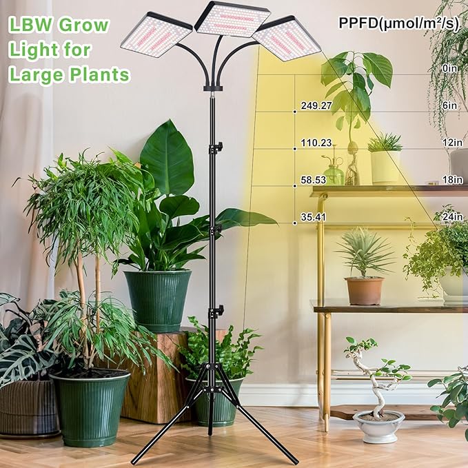 LBW Grow Lights for Indoor Plants with Stand, 642 LEDs Full Spectrum Standing Grow Light, Tall Floor Lamp with 3/6/12H Timer, 6 Brightness, 3 Modes, 63" Adjustable Tripod