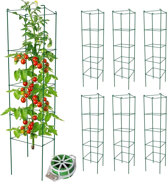 Tomato Cages 6 Packs 57 Inches (H) Plant Stand with 164 Feet Twist Ties, Heavy Duty Garden Plants Support for Tomatoes, Cucumber, and Other Climbing Plants (Green)