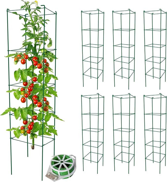 Tomato Cages 6 Packs 57 Inches (H) Plant Stand with 164 Feet Twist Ties, Heavy Duty Garden Plants Support for Tomatoes, Cucumber, and Other Climbing Plants (Green)