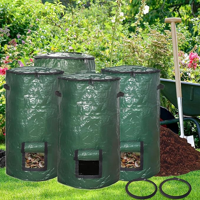 Compost Bin Bags 34 Gallon Garden Compost Bags Outdoor Reusable,Organic Waste Garden Yard Compost Bag Collapsible Leaf Lawn Bags Gardening Container (Green 4pcs)