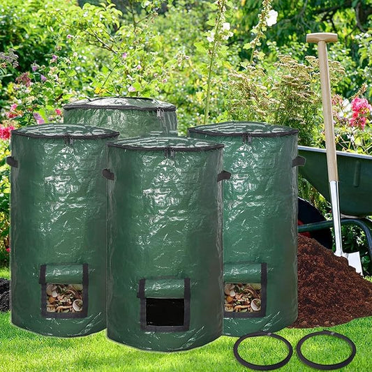 Compost Bin Bags 34 Gallon Garden Compost Bags Outdoor Reusable,Organic Waste Garden Yard Compost Bag Collapsible Leaf Lawn Bags Gardening Container (Green 4pcs)