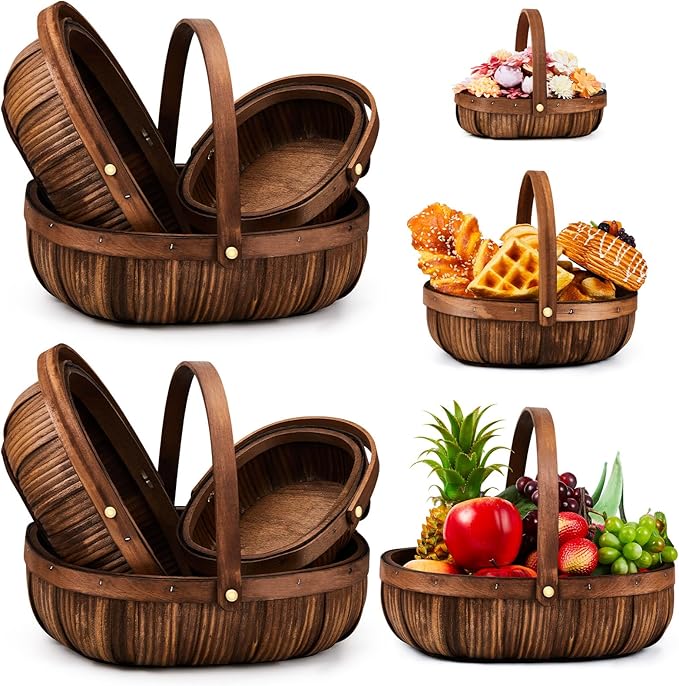Sintuff 6 Pcs Wicker Baskets with Handles 3 Sizes Woven Garden Harvest Basket for Gathering Vegetables Wooden Bushel Apple Basket for Fruits Fall Thanskgiving Picnic Gift Farmers Market(Coffee)