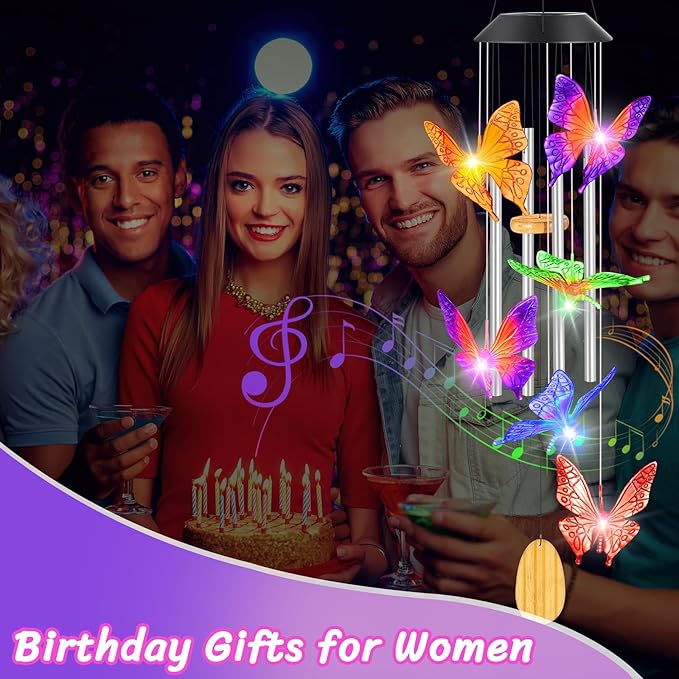 Womens Gifts for Christmas Wind Chimes Gift for Mom Birthday Gifts for Women Mom Butterfly Wind Chimes for Outside Gift for Grandma Solar Lights Garden Outdoor House Patio Décor
