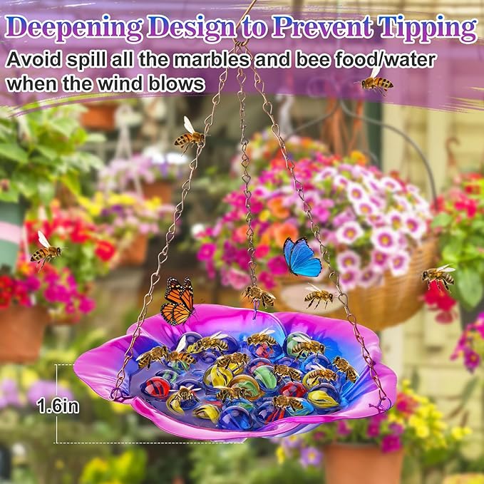 Bee Feeder with Vivid Hibiscus Design - Anti-Rust Iron Bee Watering Station for Feeding, Colorful Butterfly Bath Bowl Bee Cups with 30 Glass Marbles for Outdoor Yard Garden Decor Gifts (Purple)