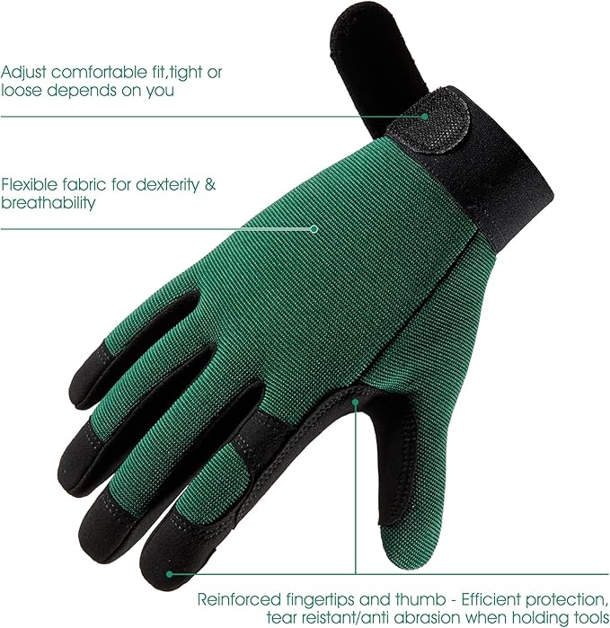 COOLJOB Thorn Proof Garden Gloves with Touchscreen Fingers for Men, Rose Pruning Work Gloves with Palm Cushion for Gardener, Farmer and Landscaper (Green 1 Pair Large)