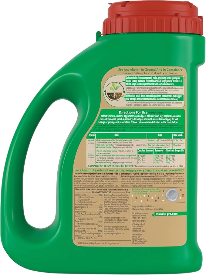 Miracle-Gro Shake 'n Feed Tomato, Fruit and Vegetable Plant Food, For Outdoor In-Ground and Potted Plants, Feeds up to 3 Months, 4.5 lbs.