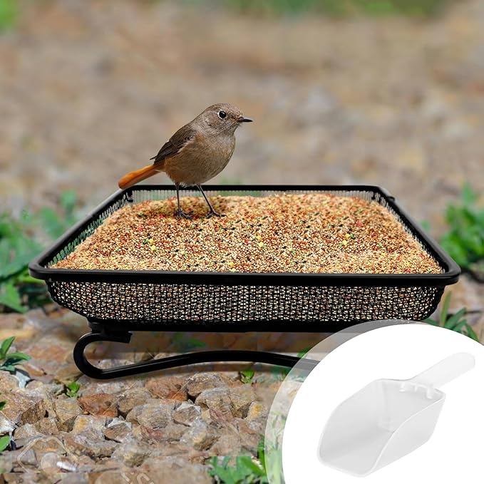 3 Pcs Platform Bird Feeder with Scoop, 6.7 x 6.7 x 2.2 in Ground Bird Feeder Tray Metal Square Squirrel Feeders Rust Resistant Mesh Seed Tray for Outside Wild Birds Dove