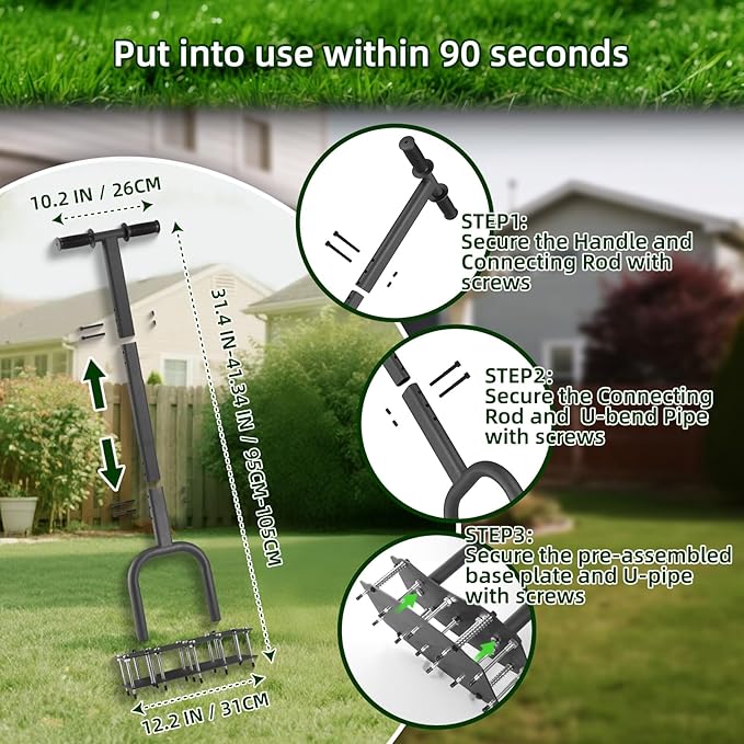 Lawn Aerator Tool for Clay Soil - Kick to Unclog & Bolt-On Base Never Breaks - 11 Heavy-Duty 3.5” Spikes for Deeper Penetration - Pre-Assembled 12.2x6” Plate