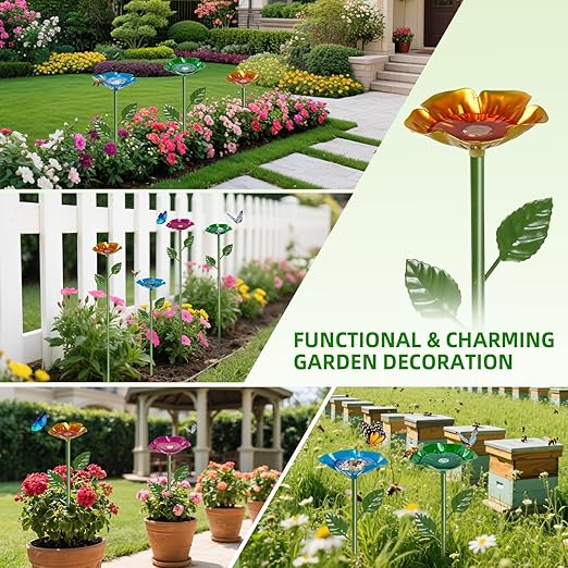 Bee Watering Station for Garden 4 Packs Metal Bee Feeder Cups with Colorful Flower Design,Butterfly Bee Bath Bowl for Outdoor Garden Yard Decor(Red,Green,Blue,Yellow)