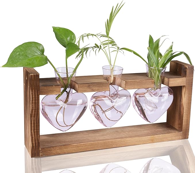 Kingbuy 3-Heart Plant Terrarium Kit - Stained Glass Vase Propagation Station with Vintage Wood Stand - Wall-Mounted & Tabletop Indoor Garden Decor for Home Kitchen Wedding Gift for Plant Lover, Pink