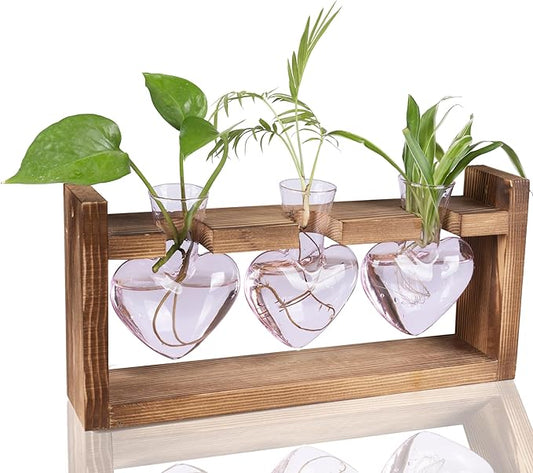 Kingbuy 3-Heart Plant Terrarium Kit - Stained Glass Vase Propagation Station with Vintage Wood Stand - Wall-Mounted & Tabletop Indoor Garden Decor for Home Kitchen Wedding Gift for Plant Lover, Pink