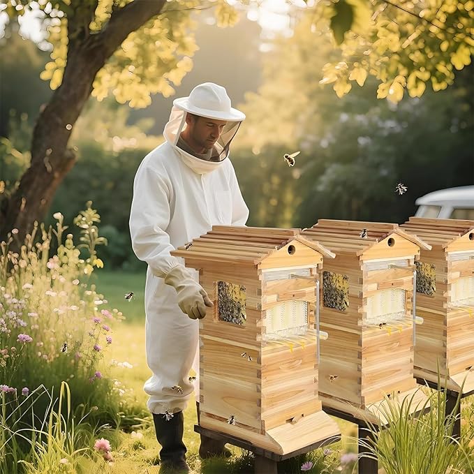 Beehive Starter Kit, Self-Flowing Honey Beehive with Observation Window and Honey Spout, Includes 4 bee Frames and 6 Honeycomb Trays for Beekeeping,Garden Pollinators
