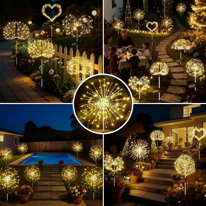 btfarm 2 Pack 120 LED Solar Garden Lights Outdoor, 8 Modes Firework Lights Solar Powered, Waterproof Twinkle Fairy Light Outside for Yard Patio Pathway Pool Christmas Party Decorative, Warm White