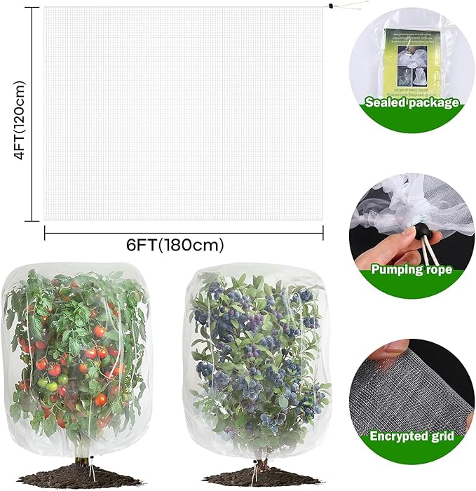 2 PCS Large Fruits Tree Netting Cover for Garden 4 x 6 ft Garden Insect Bird Barrier Plant Netting for Tomato Blueberry Bush Netting Covers Deer Cicada Netting Cover Bag with Drawstring