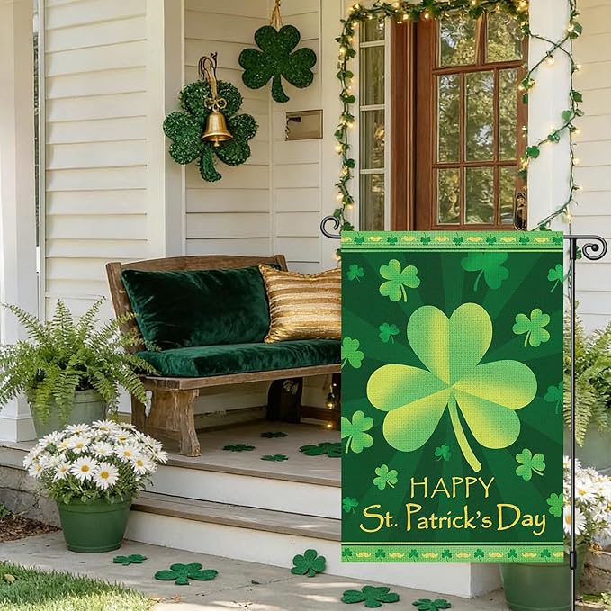 Louise Maelys Happy St Patrick's Day Garden Flag Lucky Shamrock Clover 12x18 Inch Double Sided Small Burlap Welcome Saint Patricks Spring Holiday Yard Outdoor Outside House Decor