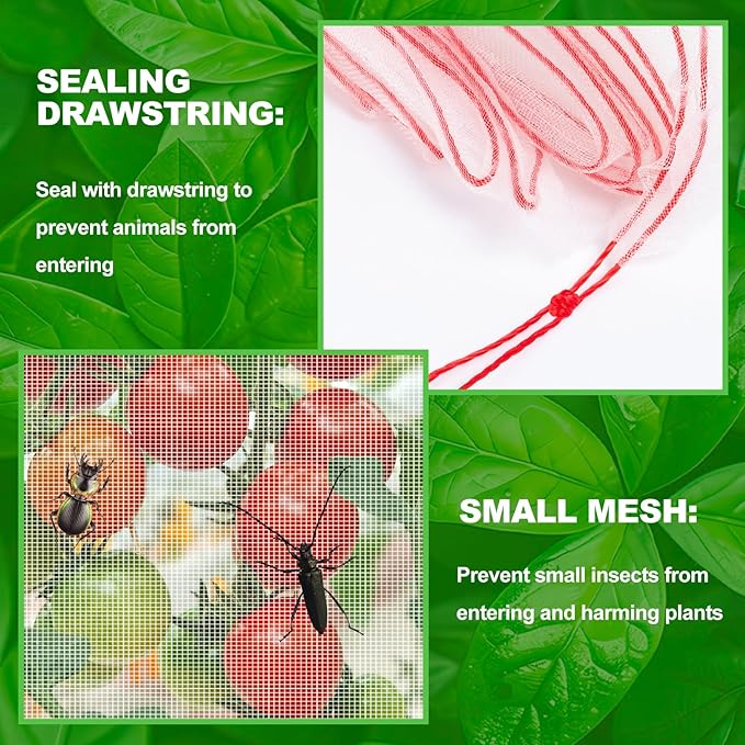 Insect Bird Barrier Mesh, Garden Netting Barrier, Bird Netting, Netting for Plant with Drawstring, 3.5 x 4.6 FT Tomato Protective Cover, Large Potted Fruit Protectors Cover for Blueberry Bushes