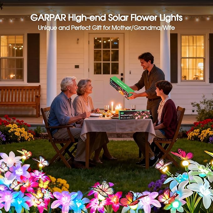 Garpar Solar Lights Outdoor Decorative, Upgraded 4 Pack Flowers with 16 Color Changing Lilies and 12 Butterflies, Brighter Waterproof Garden Decor for Yard Lawn Pathway, Mom Women Grandma Gift