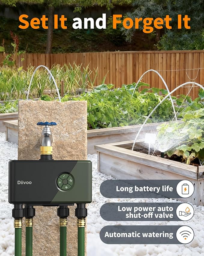 Diivoo 4 Zone WiFi Water Timer with Brass Inlet, Smart Hose Sprinkler Timer 4 Outlets Compatible with Alexa/Google Assistant, 24 Irrigation Plans, Rain Delay & Mist Mode for Garden Lawns (2.4GHz Only)