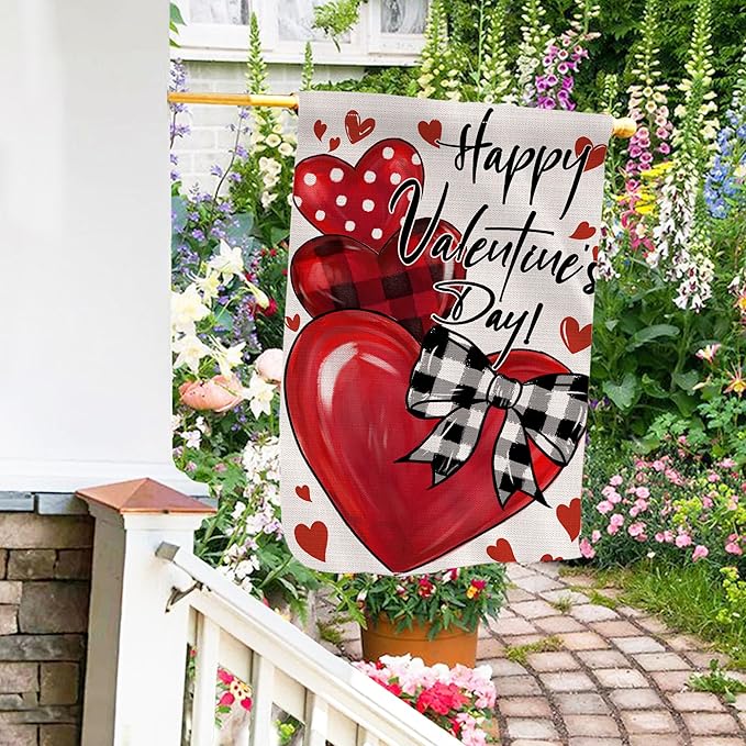 Happy Valentines Day Garden Flag 28x40 Inch Double Sided Outside, Love Hearts Valentine Decorations Burlap House Flags Rustic Anniversary Yard Welcome Outdoor Farmhouse