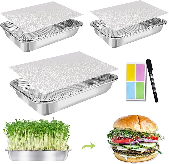 Stainless Steel Sprouts Growing Kit 3-Tier 10.4 inch Trays, Microgreens Growing Kit, Seed Sprouting Tray with Encrypted Mesh Sprouts for Beans Alfalfa Broccoli Wheat Grass