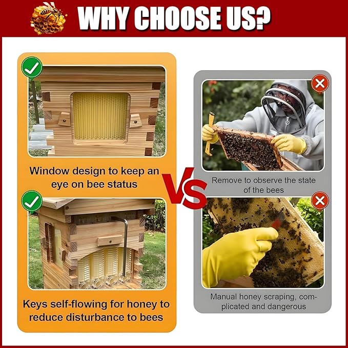 Beehive Starter Kit, Self-Flowing Honey Beehive with Observation Window and Honey Spout, Includes 4 bee Frames and 6 Honeycomb Trays for Beekeeping,Garden Pollinators