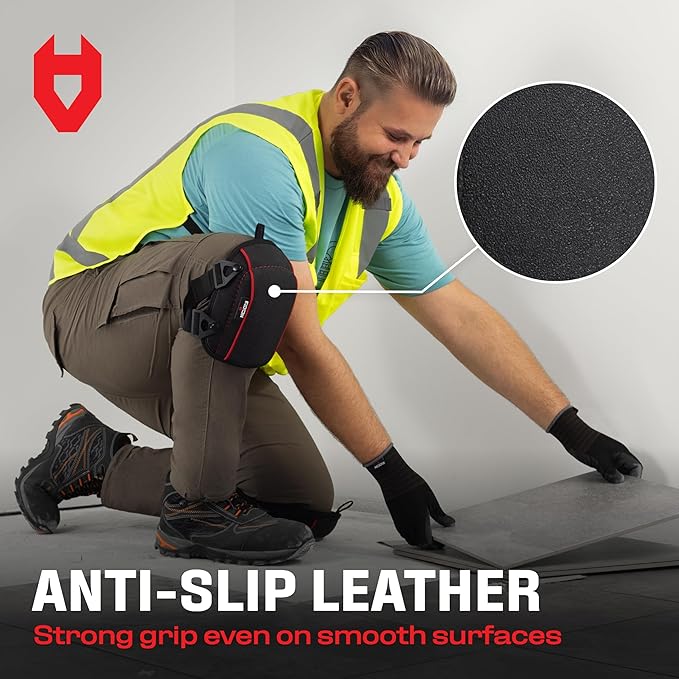 NoCry Flooring Knee Pads for Men with Extra-Wide Gel & Thick Foam Cushion — Floor-Safe Anti-Slip Leather Kneepads for Construction Work with Reinforced Adjustable Straps and Military-Grade Rivets