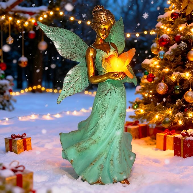 Solar Fairy Garden Statue Decor - 10 Inch Angel Statue Girls Resin Waterproof Home Decoration with Hummingbird LED Lights for Bedroom Balcony Table Yard Patio, Gifts for Women Mom Grandma Birthday