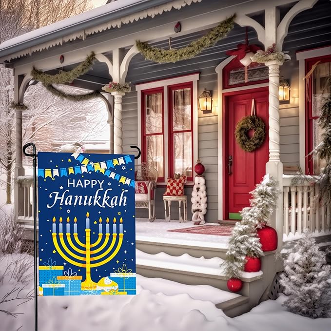 Happy Hanukkah Garden Flags 12 x 18 Inch Double Sided Jewish Holiday Menorah Star Candles Yard Flag for December Hanukkah Outdoor Decorations for Outside garden yard