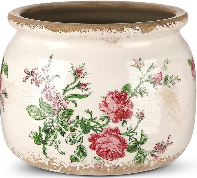 7.7" Large Ceramic Plant Pot Beige Red Romantic Rose Crackle Glaze Rustic Flowers Pot Decorative Planter with Drainage for Indoor Outdoor Plants Home Kitchen Office Decor Gift