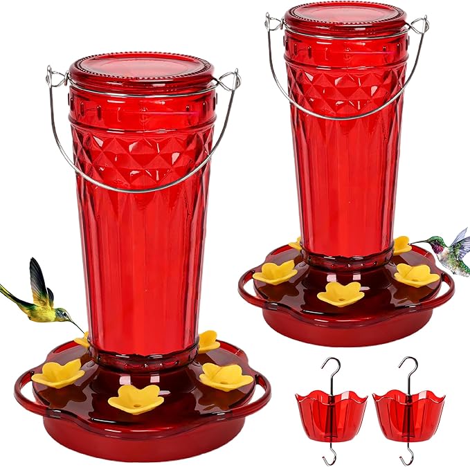Glass Hummingbird feeders for Outdoors 2pack-14Ounces，5 Feeding Ports Hummingbird Feeder,Wide Mouth for Easy Filling/Cleaning，Hanging for Garden Backyard Decor, Includes Ant Moat (Red)
